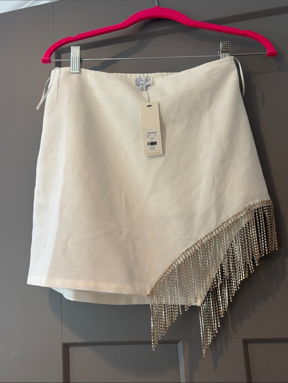 Blue Rain White Asymmetrical Mini Skirt with Crystal Fringe Detail